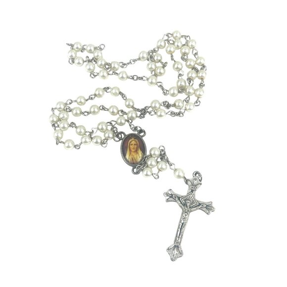 Catholic Rosary Pearl Beads Virgin Mary Center & Crucifix Prayer Necklace - Picture 1 of 9